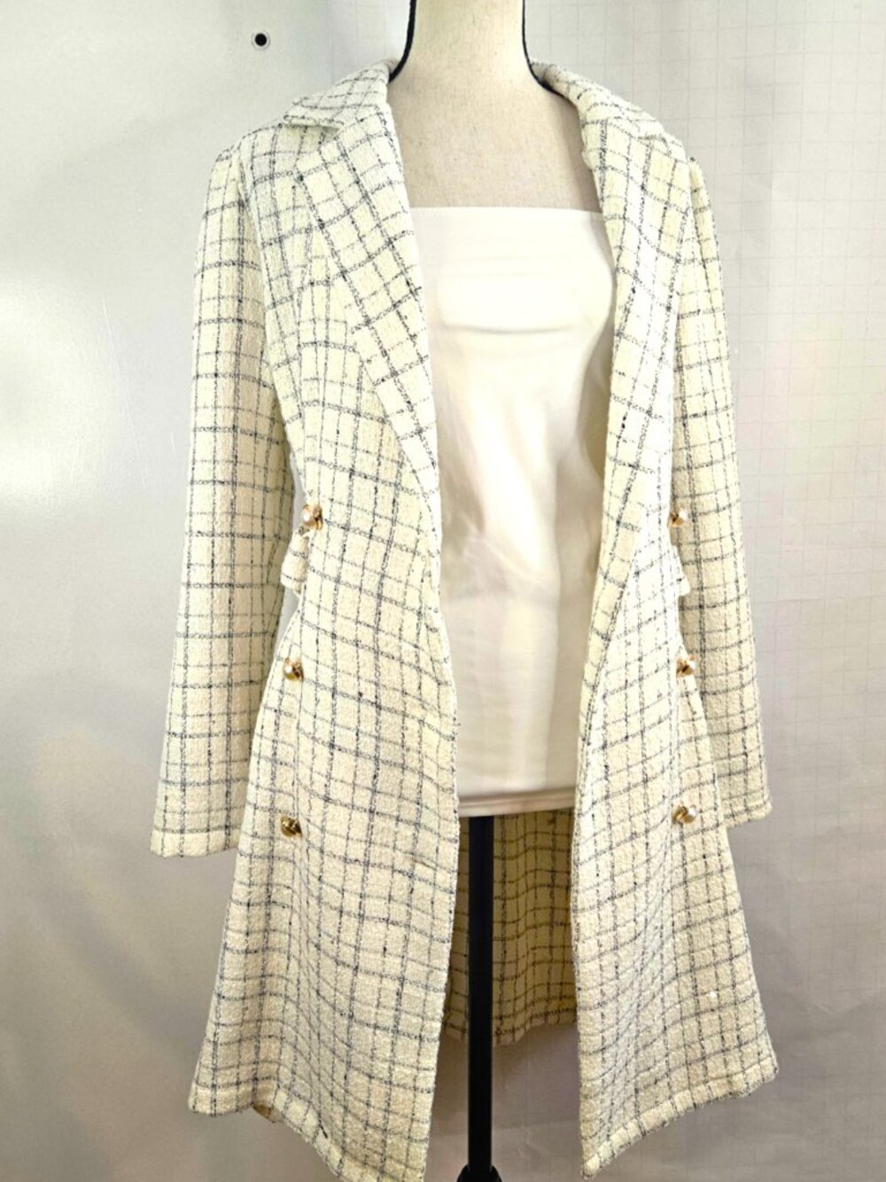 Vintage Cream-Colored Double-Breasted Mid-Weight SZ M Tweed Trench Coat - Picture 2 of 3